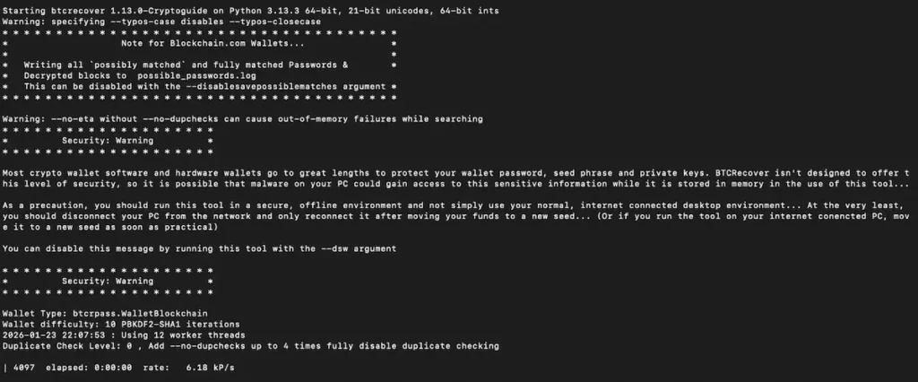 BTCRecover running a password search, testing password combinations against the encrypted wallet file.