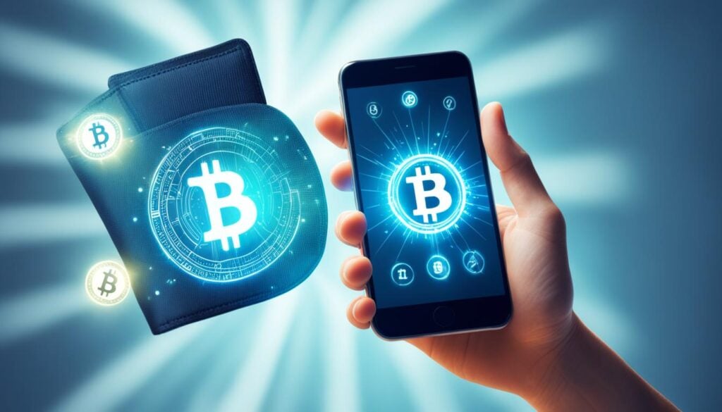 Bitcoin wallet and smartphone with digital Bitcoin symbol, representing Jaxx wallet access and recovery