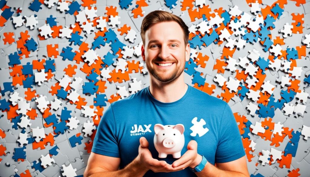 Smiling man in blue Jaxx shirt holding a piggy bank with puzzle pieces in the background