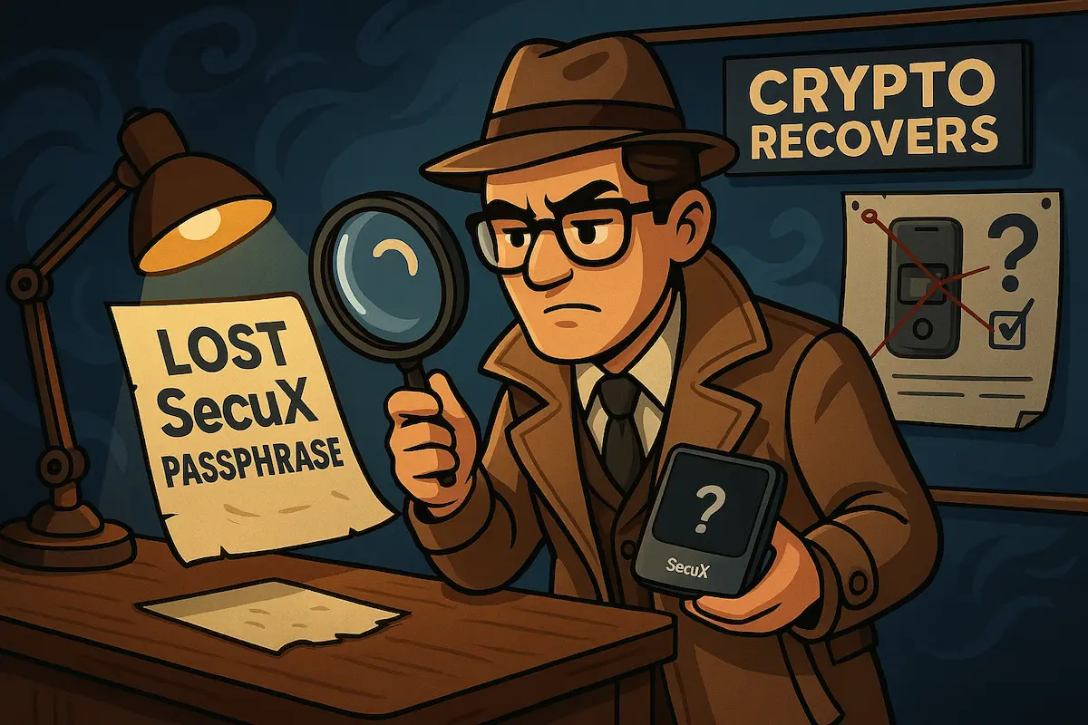 detective-recovering-lost-secux-passphrase Detective holding a SecuX hardware wallet and magnifying glass while investigating a lost passphrase case at Crypto Recovers.