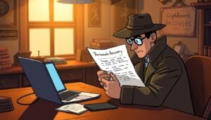 Detective che legge le istruzioni per il recupero di MetaMask presso l'ufficio di CryptoRecovers con il laptop sulla scrivania