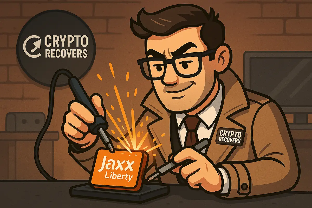 Illustration of a detective recovering a Jaxx Liberty crypto wallet