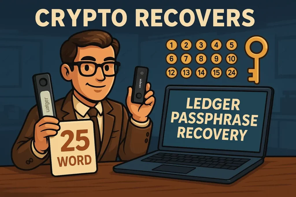 Un esperto di crittografia sorridente tiene in mano i portafogli di Ledger e una carta di 25 parole di seme accanto allo schermo di un laptop con la scritta "Ledger Passphrase Recovery".