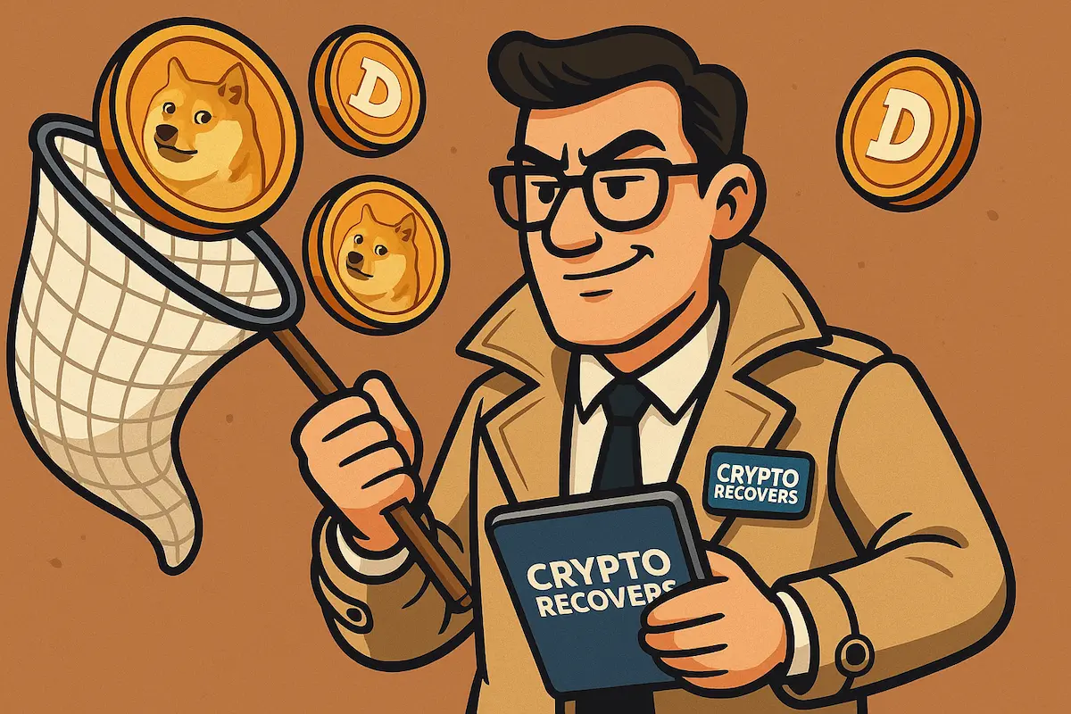 Illustration of a Crypto Recovers detective catching Dogecoins with a net