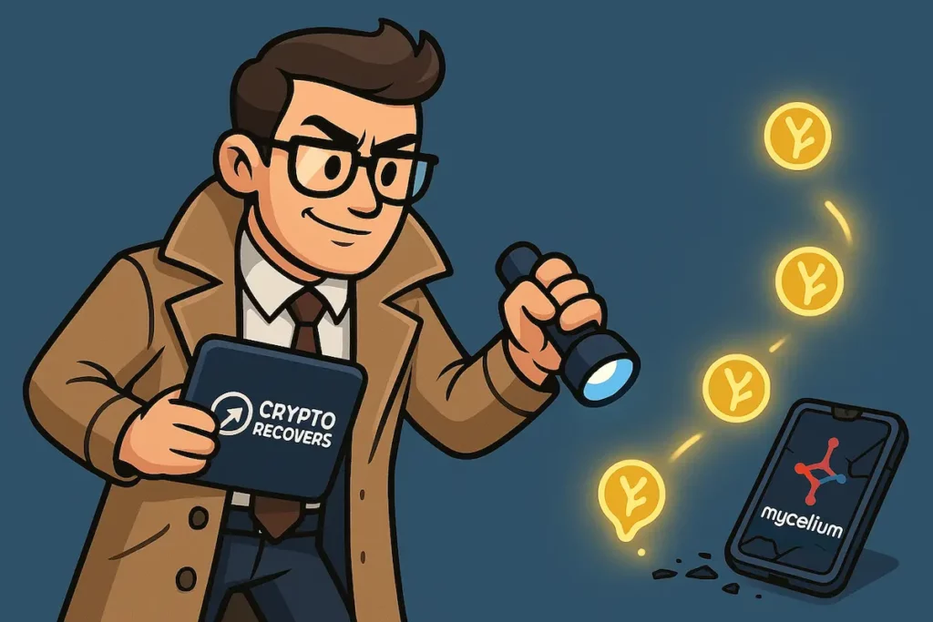 Illustrazione di un agente di Crypto Recovers che punta una torcia su un wallet Mycelium danneggiato, rivelando le monete smarrite