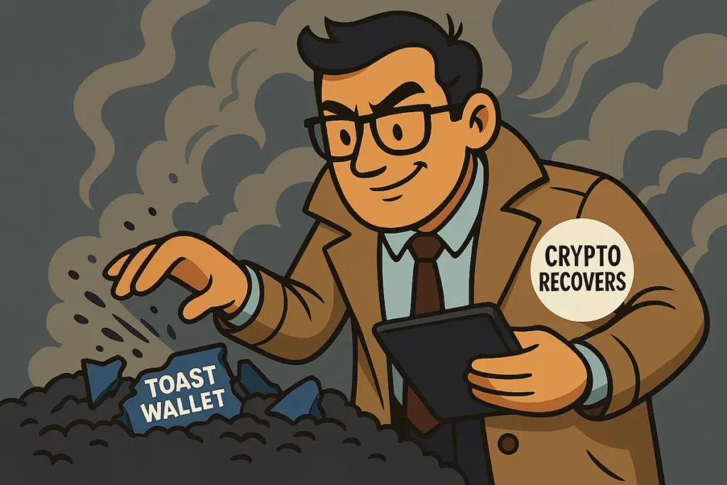 Ilustración de un agente de Crypto Recovers recuperando una cartera Toast Wallet rota entre escombros y humo.