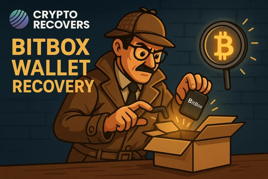 Detective che esamina un portafoglio hardware BitBox con una lente di ingrandimento, che rappresenta i servizi di recupero dei portafogli di criptovalute di Crypto Recovers.