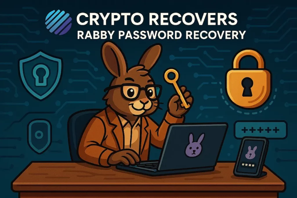 Coniglio a cartoni animati che sblocca un cripto portafoglio su un laptop per recuperare la password di Rabby