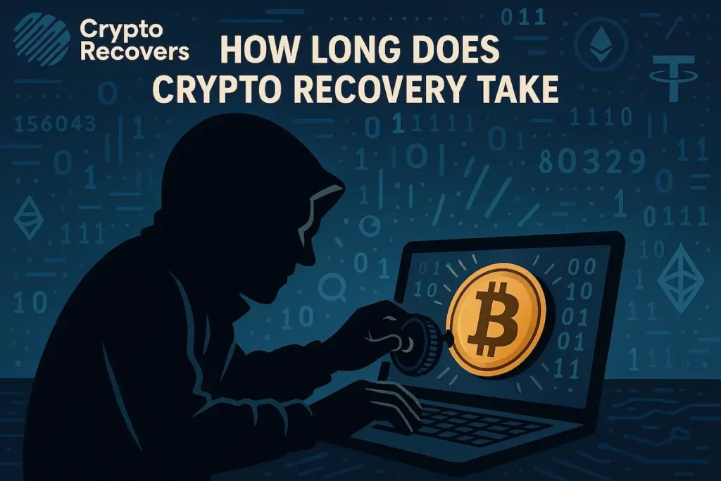 Illustrazione di una persona con una felpa con cappuccio che utilizza un computer portatile per recuperare un wallet Bitcoin, con la scritta “Quanto tempo richiede il recupero delle criptovalute” e il logo di Crypto Recovers. Lo sfondo riporta simboli delle criptovalute e codice binario. 