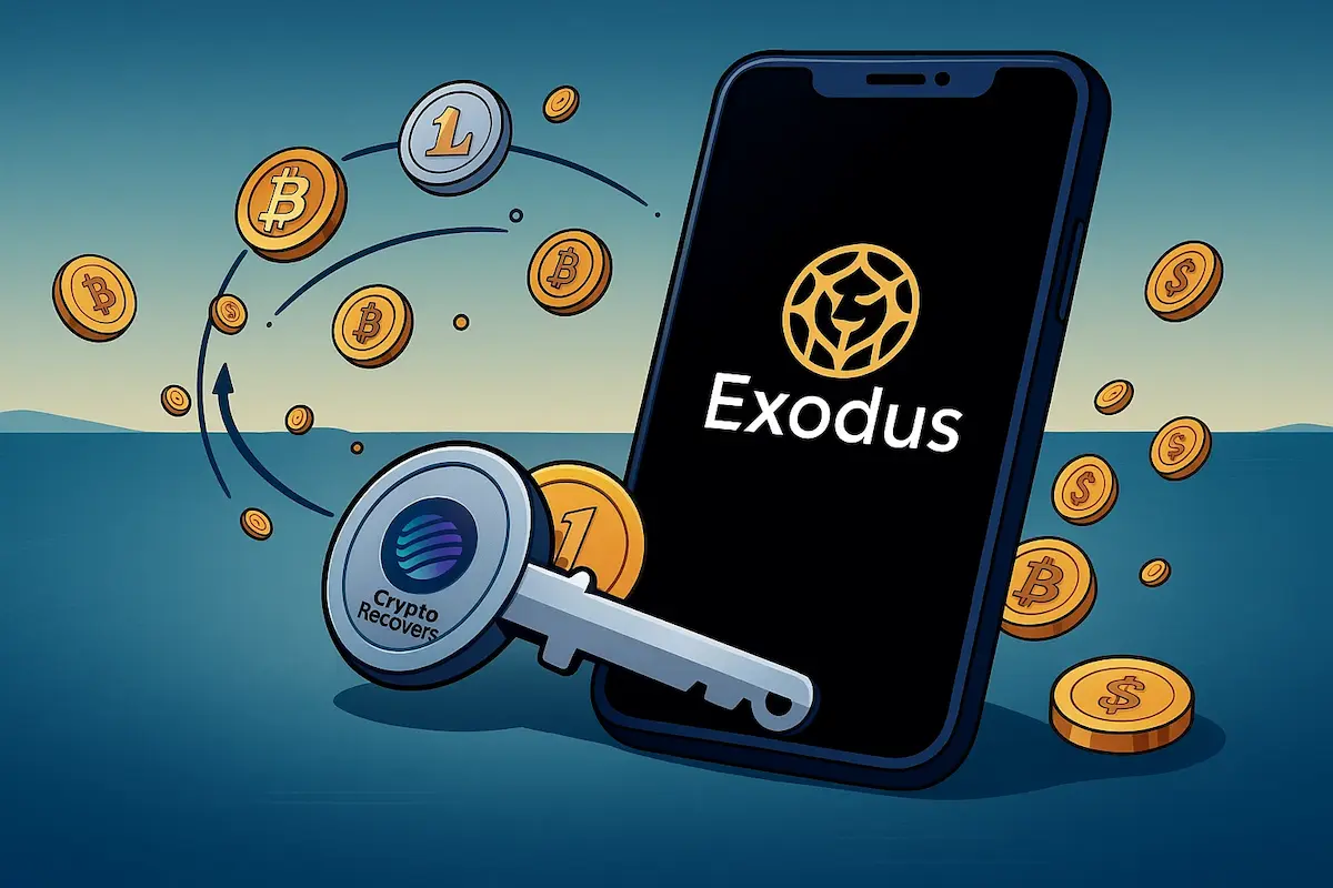 exodus-wallet Illustration of a smartphone displaying the text Exodus, surrounded by flying cryptocurrency coins including Bitcoin and Litecoin. A key labeled 'Crypto Recovers' symbolizes wallet recovery, suggesting secure access or restoration of digital assets.