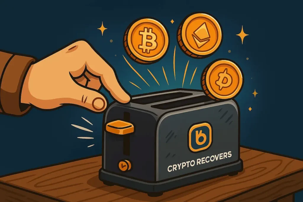 Illustrazione di una mano che preme un pulsante su un tostapane con la scritta "Crypto Recovers", da cui escono monete di Bitcoin, Ethereum e Dogecoin, a simboleggiare il recupero delle criptovalute dopo la chiusura del portafoglio BRD.