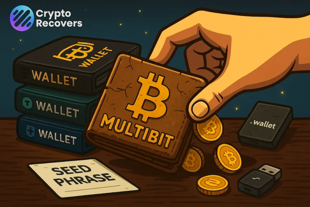Ilustración de una antigua wallet Multibit: una mano sostiene una gastada wallet Multibit de Bitcoin, rodeada de una frase semilla, wallets Trezor, wallets de hardware y el logo de Crypto Recovers.