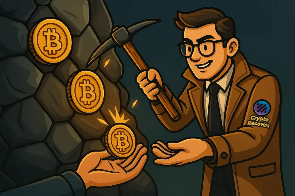 Cartoon-Illustration eines Detektivs in einem braunen Trenchcoat mit einem Crypto Recovers-Logo, der mit einer Spitzhacke Bitcoin-Münzen aus einer Felswand, die die Wiederherstellung der Bitcoin Wallet repräsentiert, herausholt und sie einer anderen Person in die ausgestreckte Hand reicht.