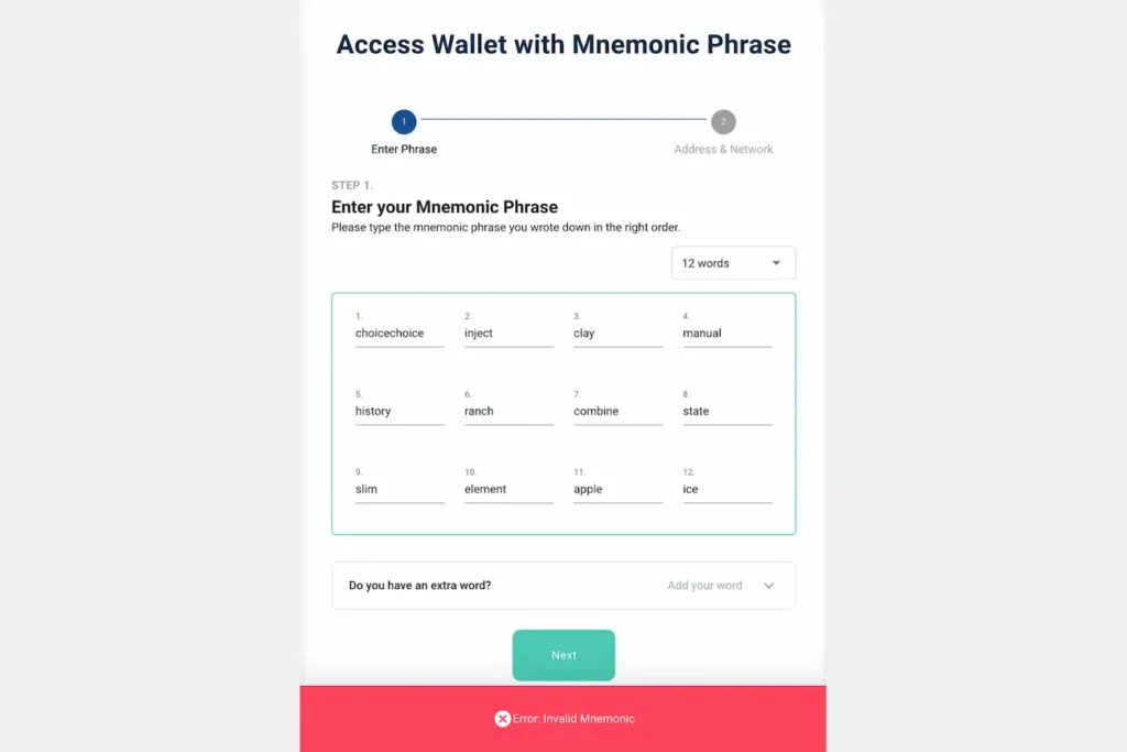 MyEtherWallet's mnemonic phrase recovery screen with a 12-word seed phrase entered but showing an "Error: Invalid Mnemonic" message at the bottom, indicating the words are in the wrong order or contain a typo.