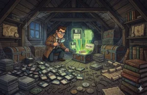 Illustrazione di una persona che scopre un vecchio file wallet MultiBit in una soffitta polverosa, mentre esamina dischi di backup, file wallet e chiavi crittografiche, a rappresentare come estrarre e trasferire i fondi da un wallet MultiBit datato.