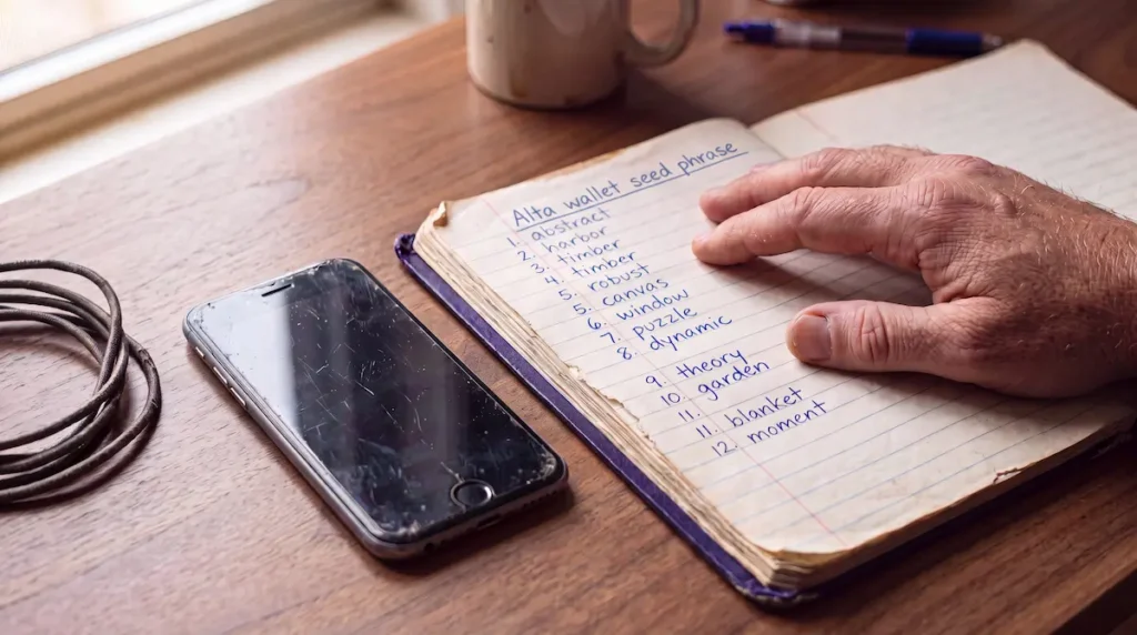 Old smartphone with a dark screen on a wooden desk beside a handwritten Alta wallet twelve-word recovery passphrase in a notebook