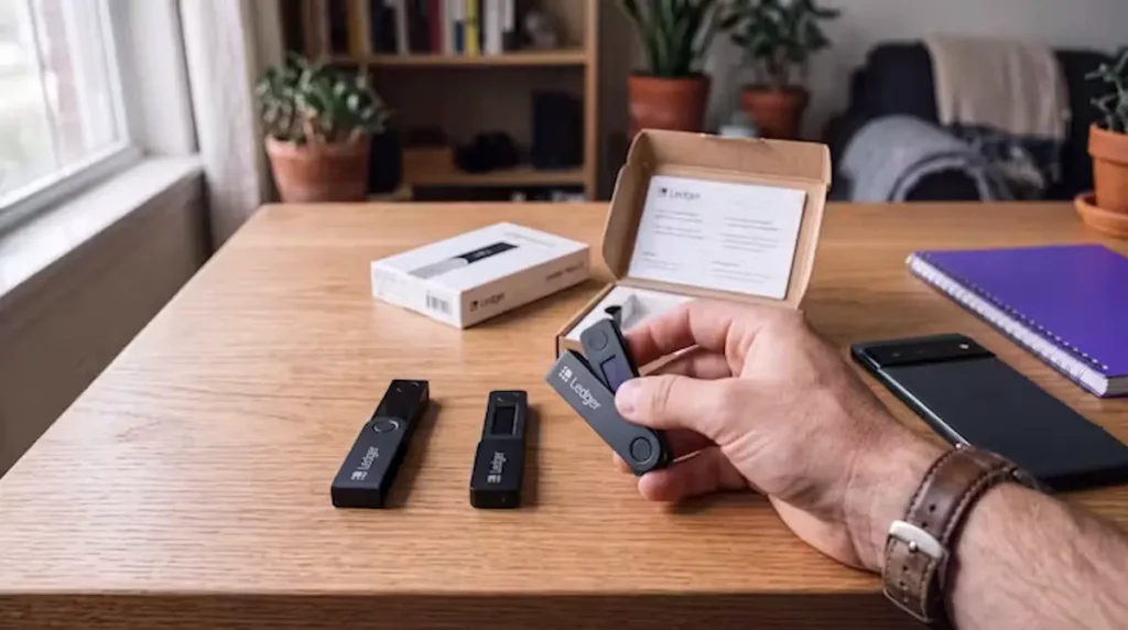 Two near-identical hardware wallets side by side on a wooden desk next to an opened box containing a pre-printed seed phrase card