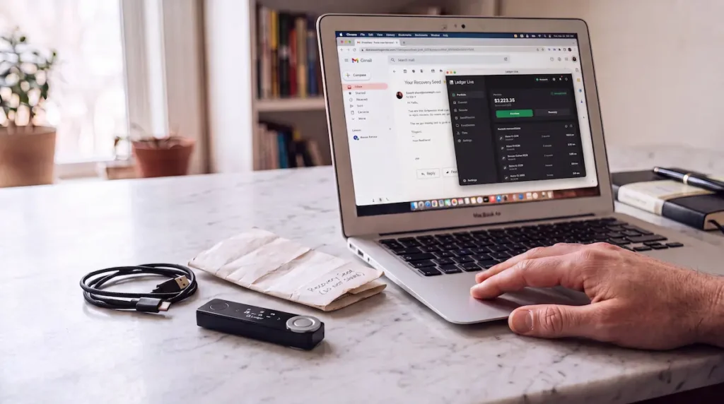 Suspicious email open on a laptop screen beside an untouched hardware wallet and a folded paper recovery sheet on a wooden desk
