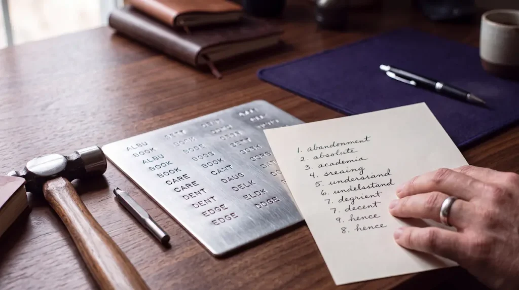 Stamped stainless steel seed phrase backup plate on a wooden desk next to a water-damaged paper recovery sheet with faded handwriting