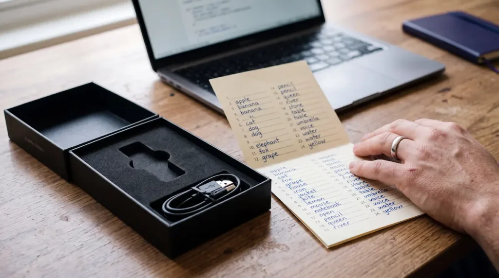 Empty hardware wallet box on a wooden desk next to a handwritten 24-word recovery sheet, showing restoration is possible without the device