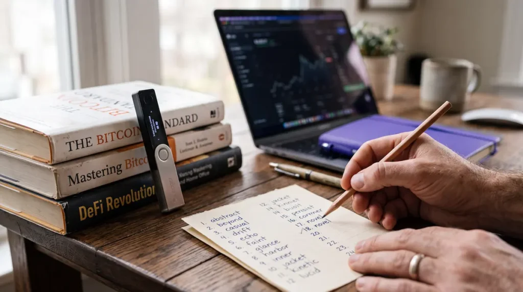 Handwritten 24-word recovery sheet being checked word by word on a wooden desk, with a hardware wallet screen lit in the background