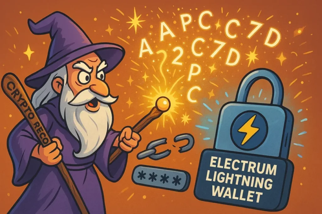 Illustrazione di un mago che recupera un wallet Electrum Lightning con una bacchetta magica e un incantesimo per decifrare la password